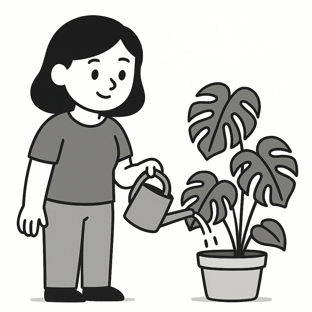 woman watering her monstera plant emoji