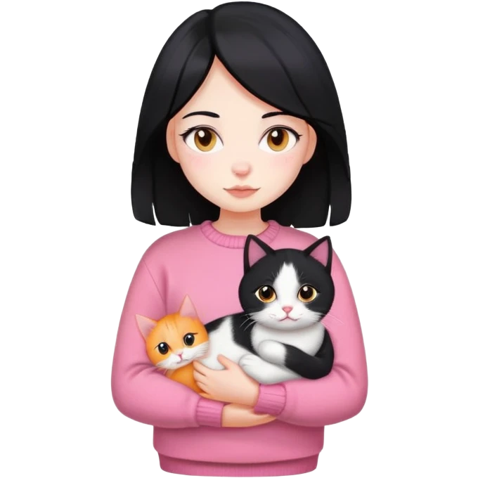 girl with black hair holding a tri-colored cat (black, orange, white) wearing a pink sweater emoji