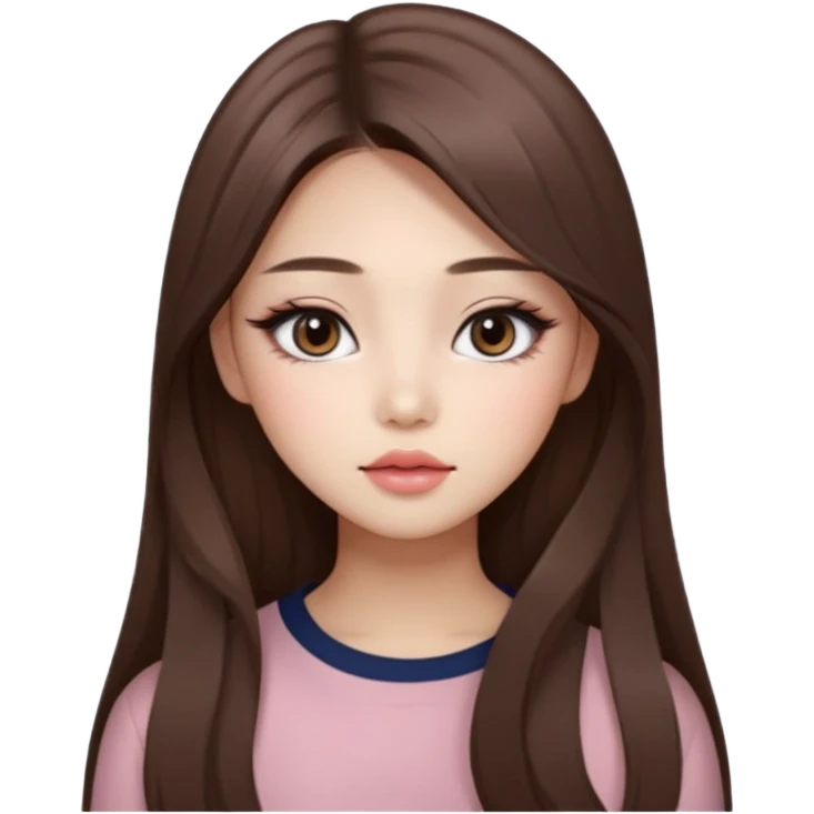 “korean straight long brown hair Emoji girl, soft eyeliner and blush, gradient lips, light brown shimmer eyeshadow emoji