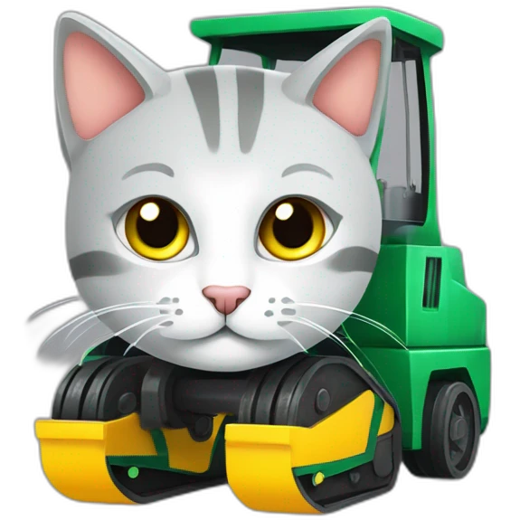 Gatito gris con ojos verdes sobre una excavadora color amarilla emoji