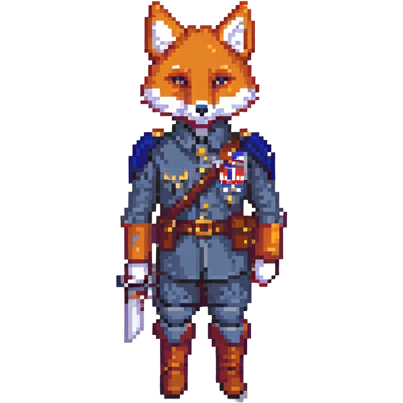 pixel art fox wearing classic soldier outfit, holding small flag, determined expression emoji