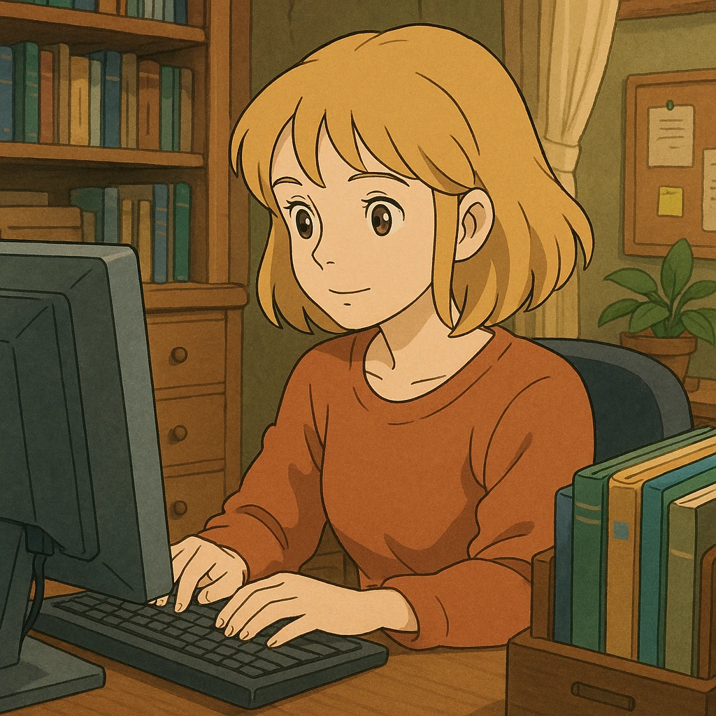 brown-eyed blonde young woman working on a computer in a cozy office emoji