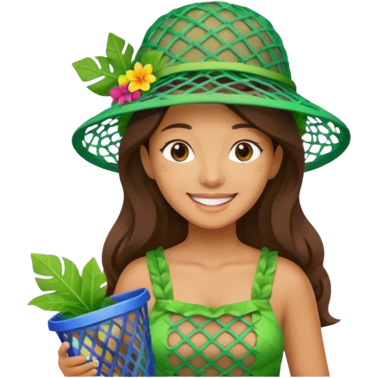 Hawaiian woman with leaf hat and big trash net and colorful cloth emoji