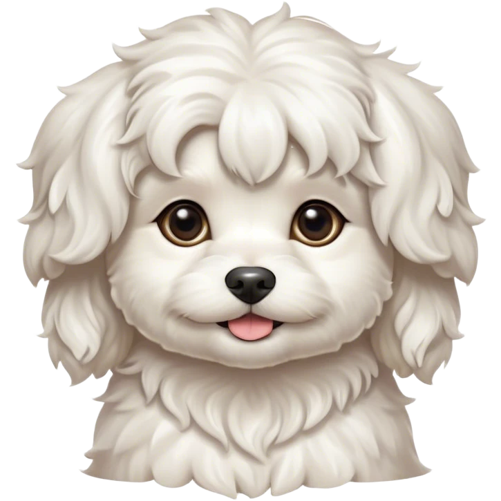 Cinematic Cute Wavy-Haired Maltese dog Portrait Emoji, Head tilted playfully and inquisitively, featuring a luxurious, wavy-haired white coat with a healthy sheen, round, sparkling dark eyes filled with curiosity, Simplified yet irresistibly adorable features, highly detailed, glowing with a warm, friendly glow, high shine, affectionate and lively, stylized with a touch of whimsy, bright and endearing, soft glowing outline, capturing the essence of a mischievous yet loving companion, so playful it feels like it could scamper out of the screen and into your arms! emoji