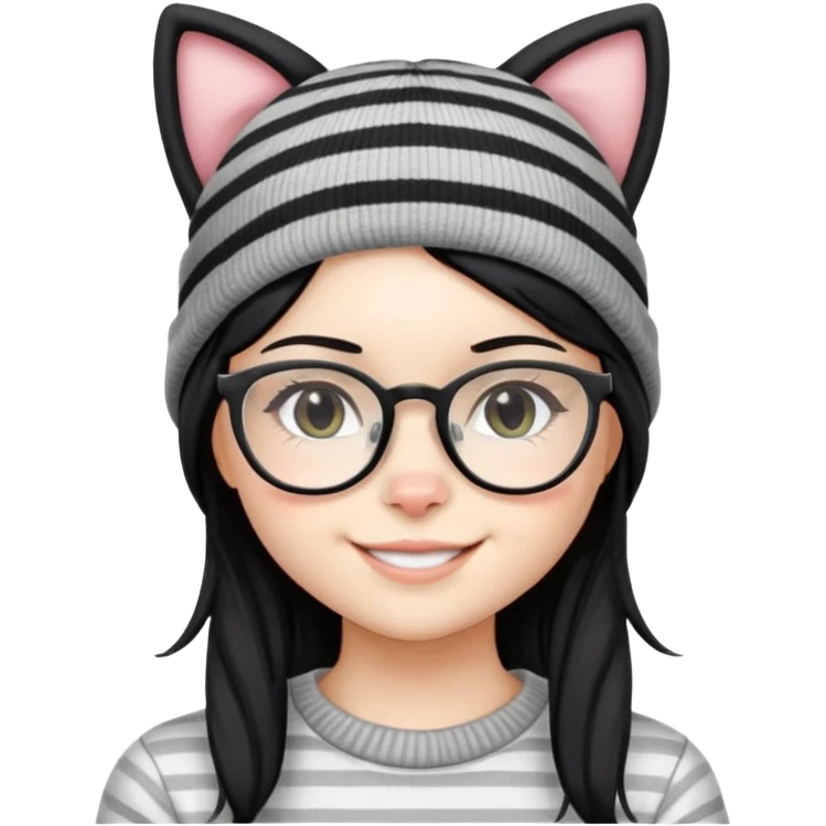 Girl with black hair, clear glasses, and Grey striped beanie in the shape of cat ears smiling emoji