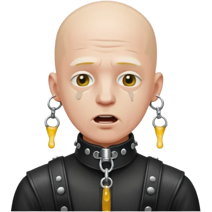 submissive bald man on his knees in a black leather harness standing man in leather, pouring piss down his throat emoji