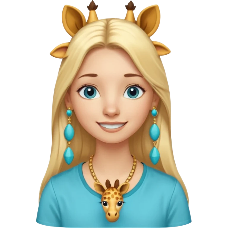 Swedish girl blonde long straigt hair blue eyes turqoise shirt gold earings, girrafe necklace gold small, long lashes smiling closed mouth emoji