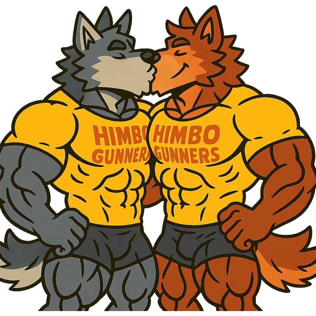two super buff wolf furries in matching 'Himbo gunners' t-shirts, kissing, happy and confident, exaggerated muscle definition, detailed fur and anatomy, ultra high quality emoji