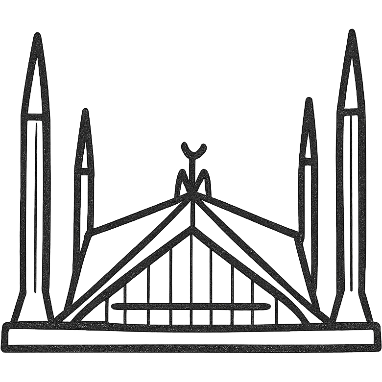 Faisal Mosque, stylized with bold outlines and minimal color, emphasizing unique triangular roof and minarets emoji