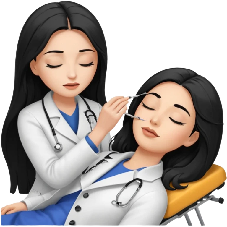 mulher branca cabelo longo e preto aplicando cilios em outra mulher que esta deitada em uma maca de olhos fechados emoji