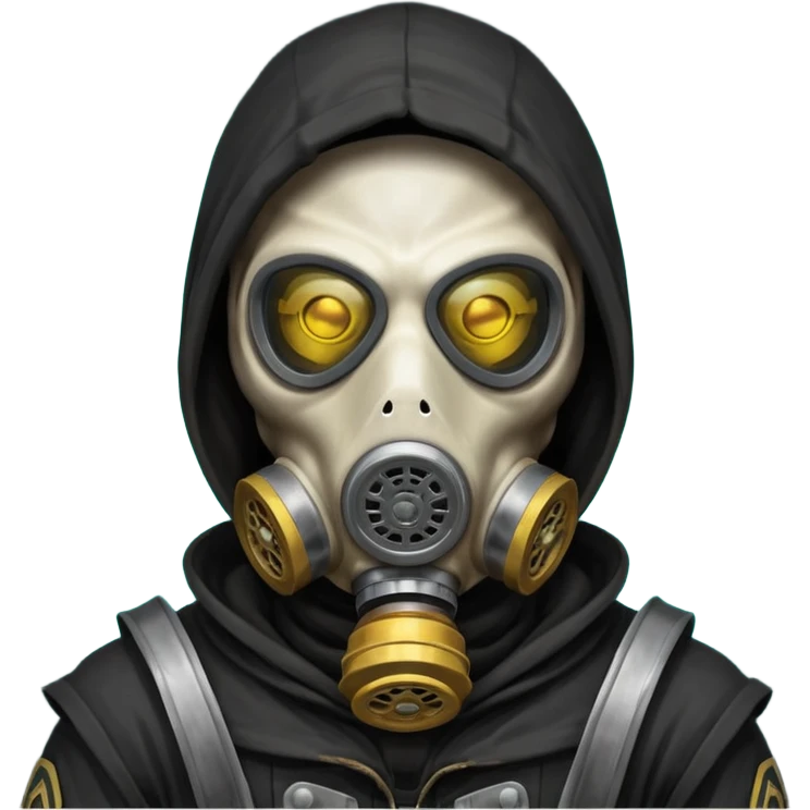 skeleton wearing a gas mask portrait, head and shoulders only, dark hood, glowing eyes inside mask, post-apocalyptic vibe, 3D cartoon, mobile game icon style, clean background, no text, no watermark
 emoji