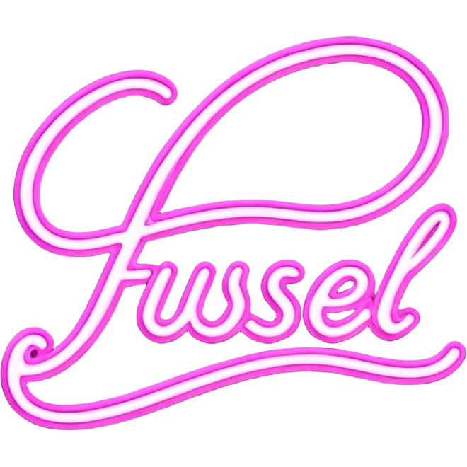 glowing pink neon sign that says “Fussel" in cursive  emoji