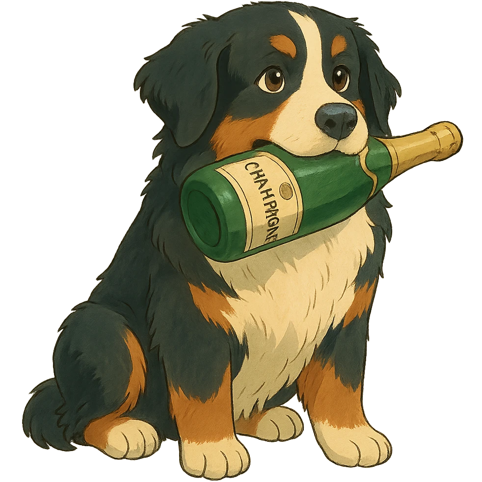 bernese mountain dog with a toy champagne bottle in its mouth, ghibli style emoji