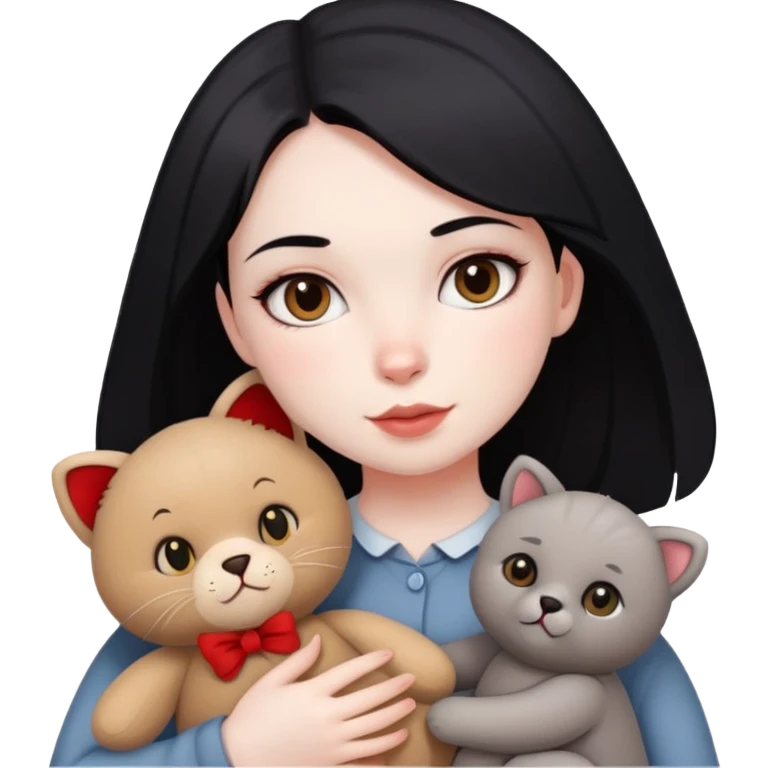A girl with drak eyes, red cheeks, black hair with a white face, holding a British gray cat and a brown teddy bear emoji