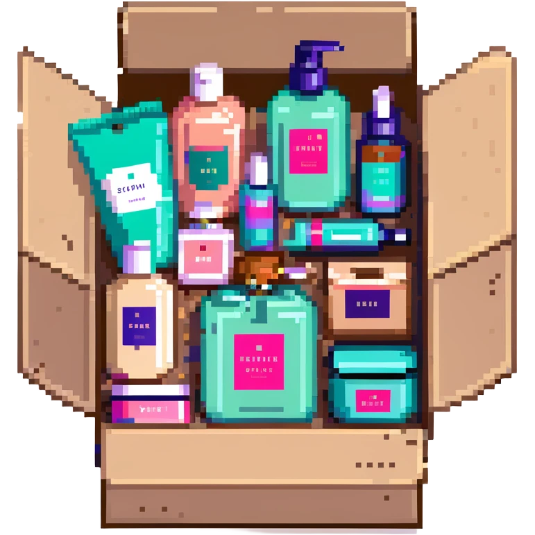 Gift bag with beauty products (shampoo, creams, styling products), a gift bag is beautyful open box full of luxury brand-labeled beauty products emoji