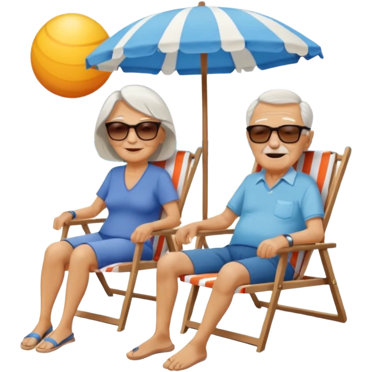 an emoji that shows elderly one woman and one man, both are retired and are lying in sun-chairs at the beach to recover from retiring-stress emoji