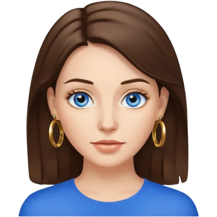 White woman with medium brunette hair, blue eyes and gold hoop earrings  emoji