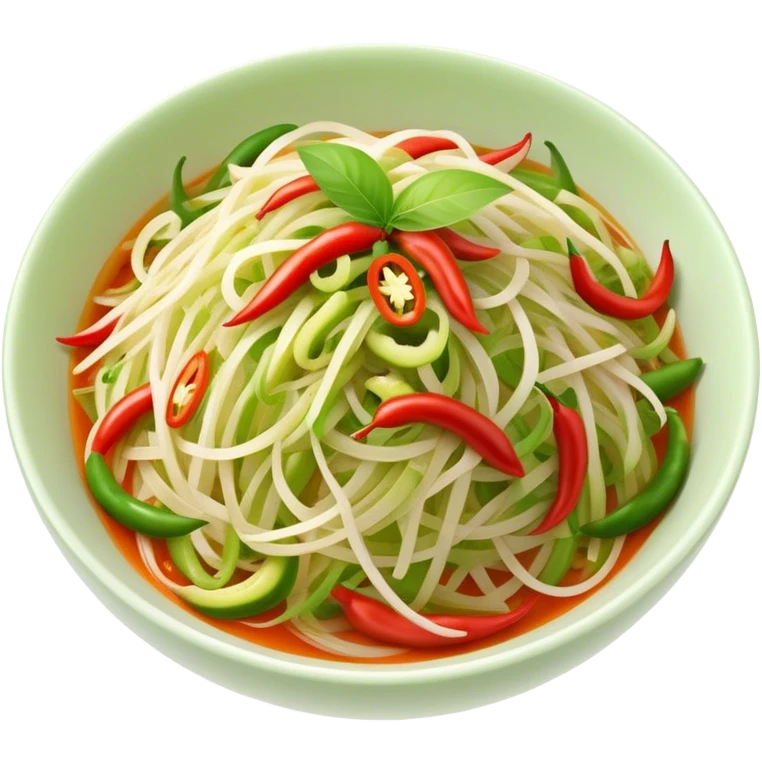Cinematic Realistic Som Tam (Papaya Salad) Dish Emoji, featuring a spicy, tangy salad of shredded green papaya with chili and lime rendered with crisp textures and bright, lively lighting. emoji