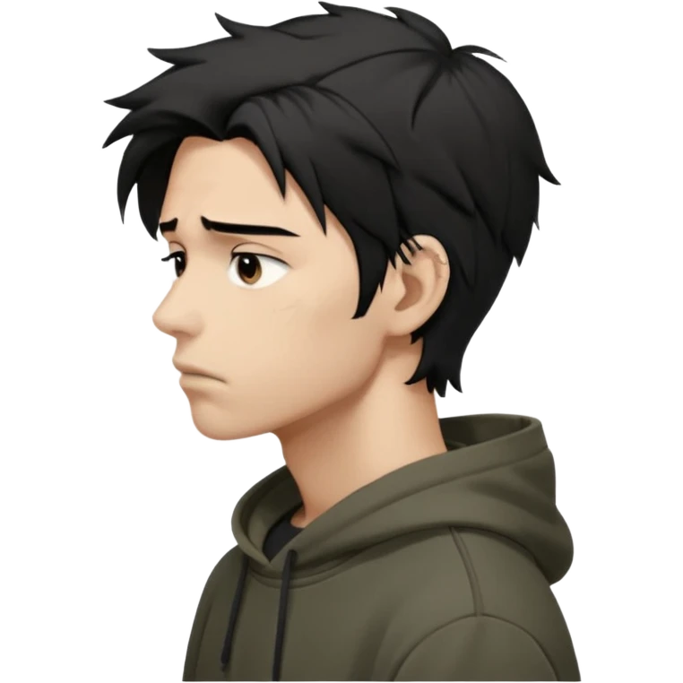 A dark anime-style illustration of a young man in side profile, facing left, with messy black hair tied loosely, sharp jawline and tired eyes. He wears an oversized dark hoodie with muted earthy tones. His expression is calm but emotionally heavy, showing silent pain and inner conflict.

 emoji