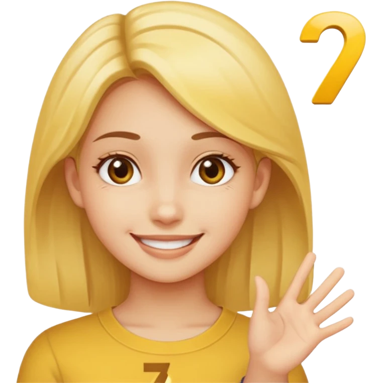 yellow smiling face girl with one hand flat under chin. With the number 6 on the left hand and the number 7 on the right hand emoji