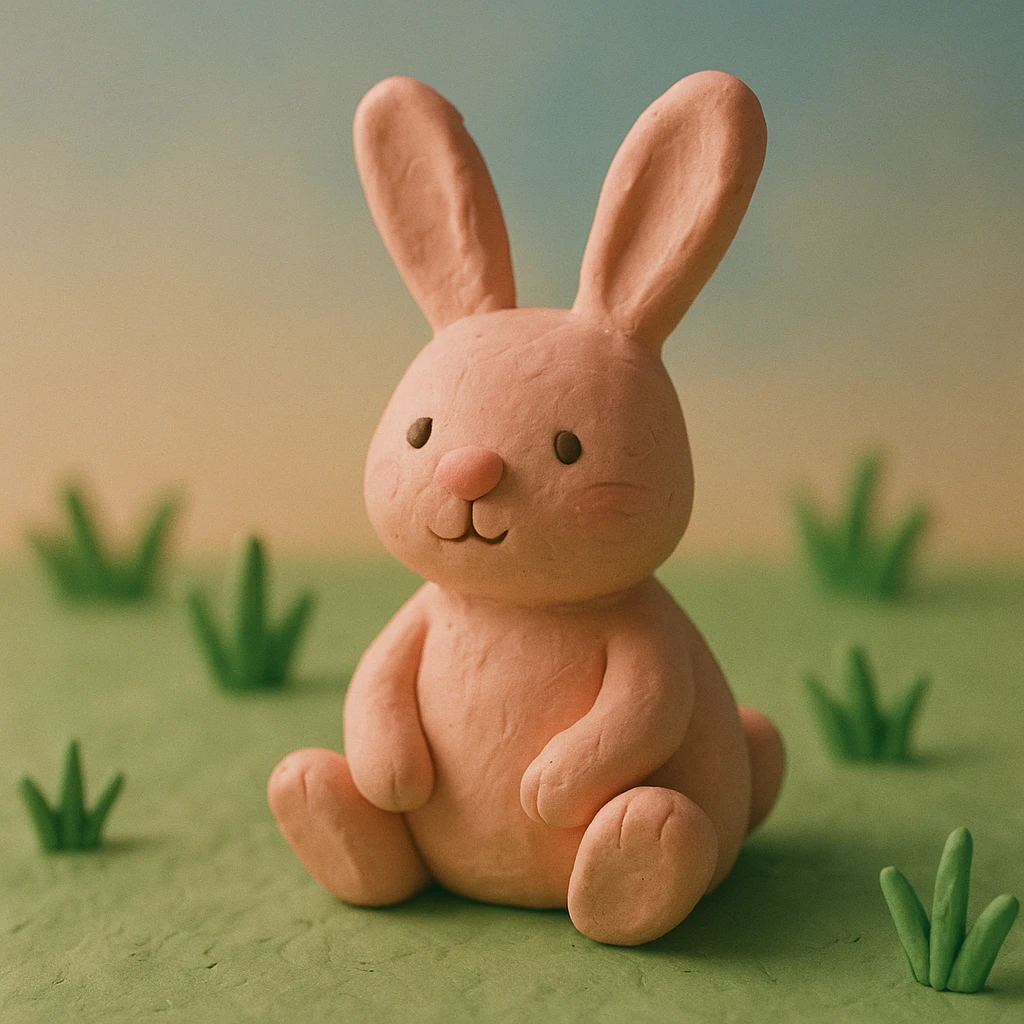 rabbit sitting in grass, pastel colors, visible fingerprints, cute and playful, claymation style emoji