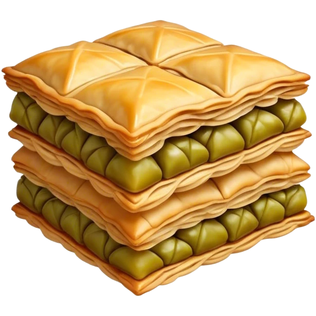Cinematic Realistic Baklava Dessert Emoji, depicted as layers of flaky pastry with honey and nuts rendered with rich textures and warm, inviting lighting. emoji