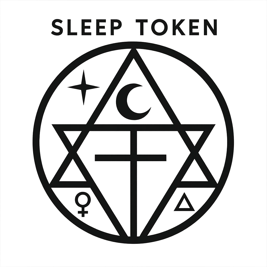 geometric Sleep Token logo with subtle occult symbols, modern style, black and white emoji