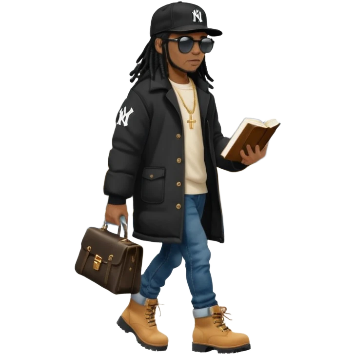 African American man with shoulder length black dreadlocks and black sunglasses wearing a black New York Yankees baseball hat wearing a black bubble winter coat with denim skinny jeans and timberland boots waking with a bible in hand emoji