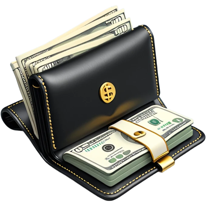 Rich emoji style black leather wallet with dollar bills, luxury money vibe, premium 3D emoji, ultra clean, high detail, no background
 emoji