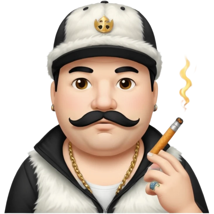 a fat father with white fur, black hair, a hip hop cap, a tattoo with a cigarette in his mouth, and a mustache. emoji