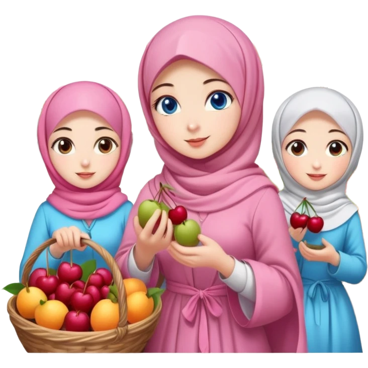 Turkish beautiful finish Konya girls blue eyes with lovely cherry blossom hijab long tail dress and the friends shopping in a market fruits emoji