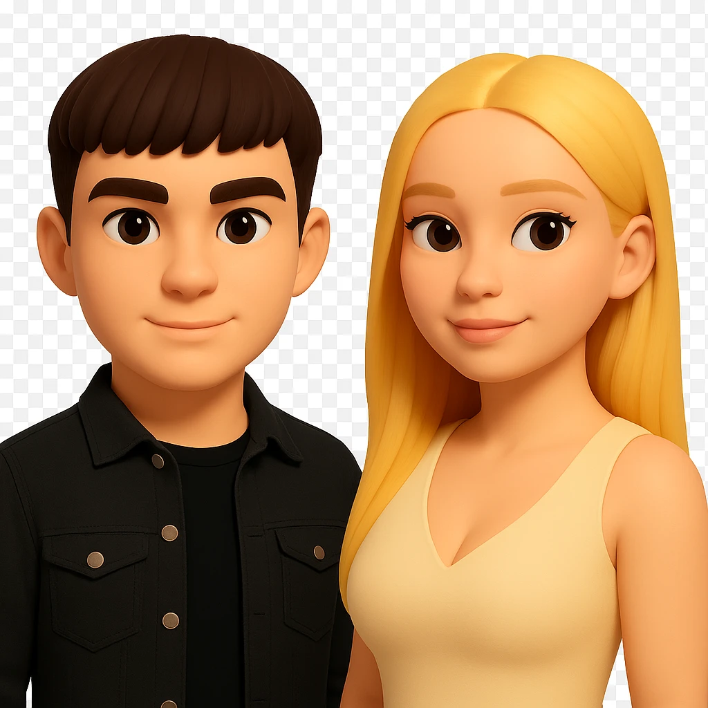 Slightly increase the volume of the upper body of the girl, separate the girl and the boy from each other, make the skin color the same for both. Maintain the cartoonish 3D style and keep the background transparent. The original style is cartoonish 3D. emoji