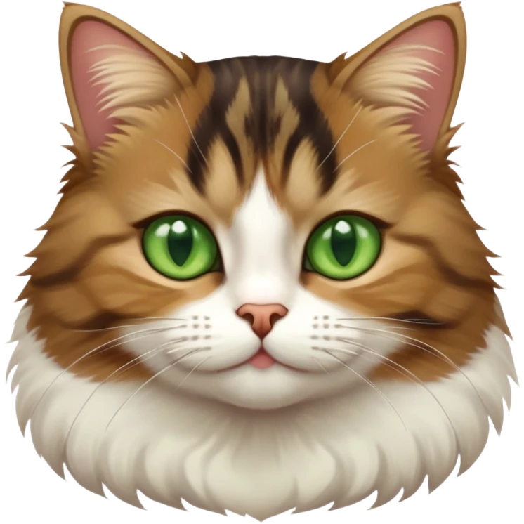 Brown, white, and black tabby cat with green eyes sitting to show its white belly, cute facial expression emoji
