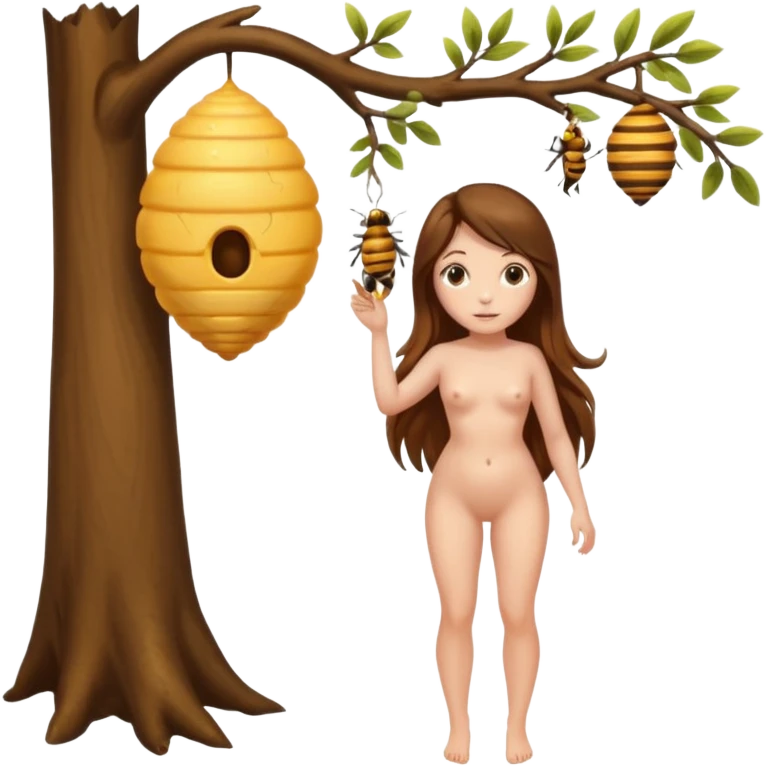 A full body naked women looking at a beehive hanging by a branch from a tree emoji