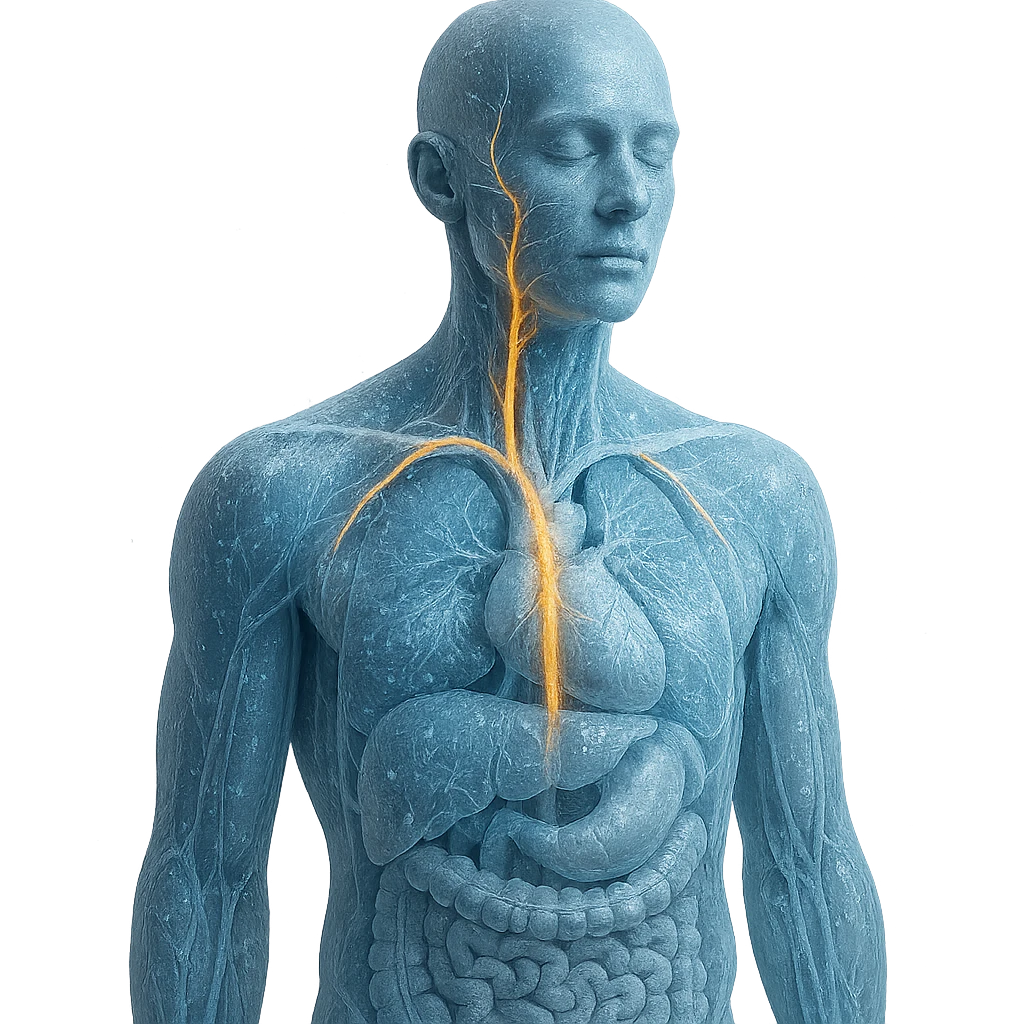 realistic human body with vagus nerve highlighted, anatomical details, vagus nerve path clearly visible, cold effect with ice crystals and blue light, transparency showing internal organs, neutral background emoji