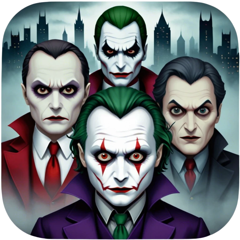 Thriller Movie Icon: A dark, intense collage with close-up images of iconic thriller characters like 1 Joker, 1 Hannibal Lecter, and 1 Vlad Dracula. The background features a moody Gotham City skyline, with shadowy figures and fog. Atmospheric, suspenseful tone. Transparent background. emoji