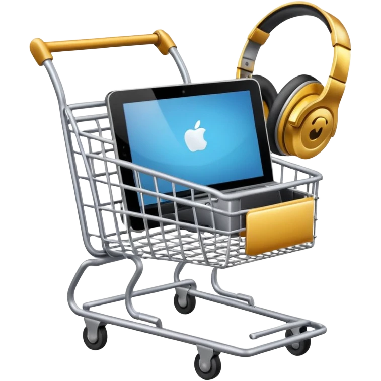 shopping cart with a laptop, smartphone, and headphones inside emoji