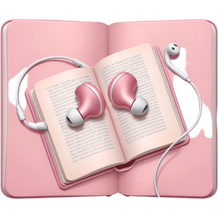  pink Pink Apple-style earbuds lying on an open book, soft pastel tones, cozy and minimal aesthetic, realistic lighting and shadows, top-down view, transparent background" emoji