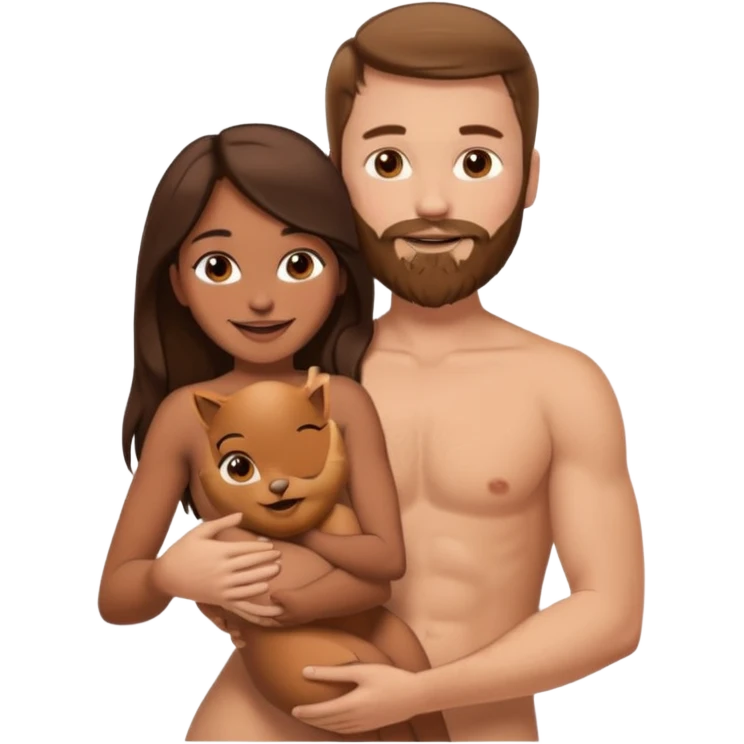 white guy with brown hair and beard, holding a brown girl with long dark hair in arms, naked, showing tits and pussy emoji