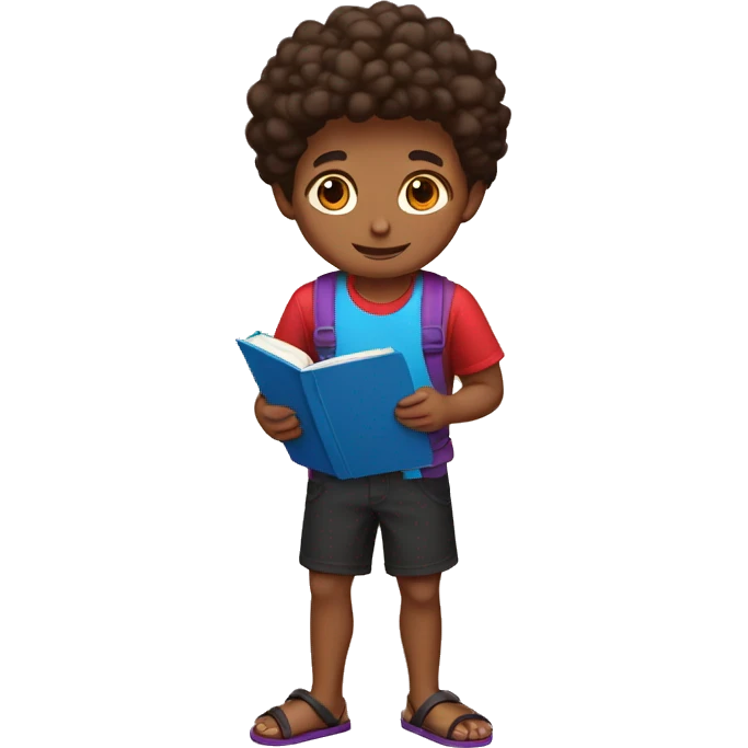 a brown boy in a red and black shirt, blue shorts and wearing sandals, holding a purple book emoji