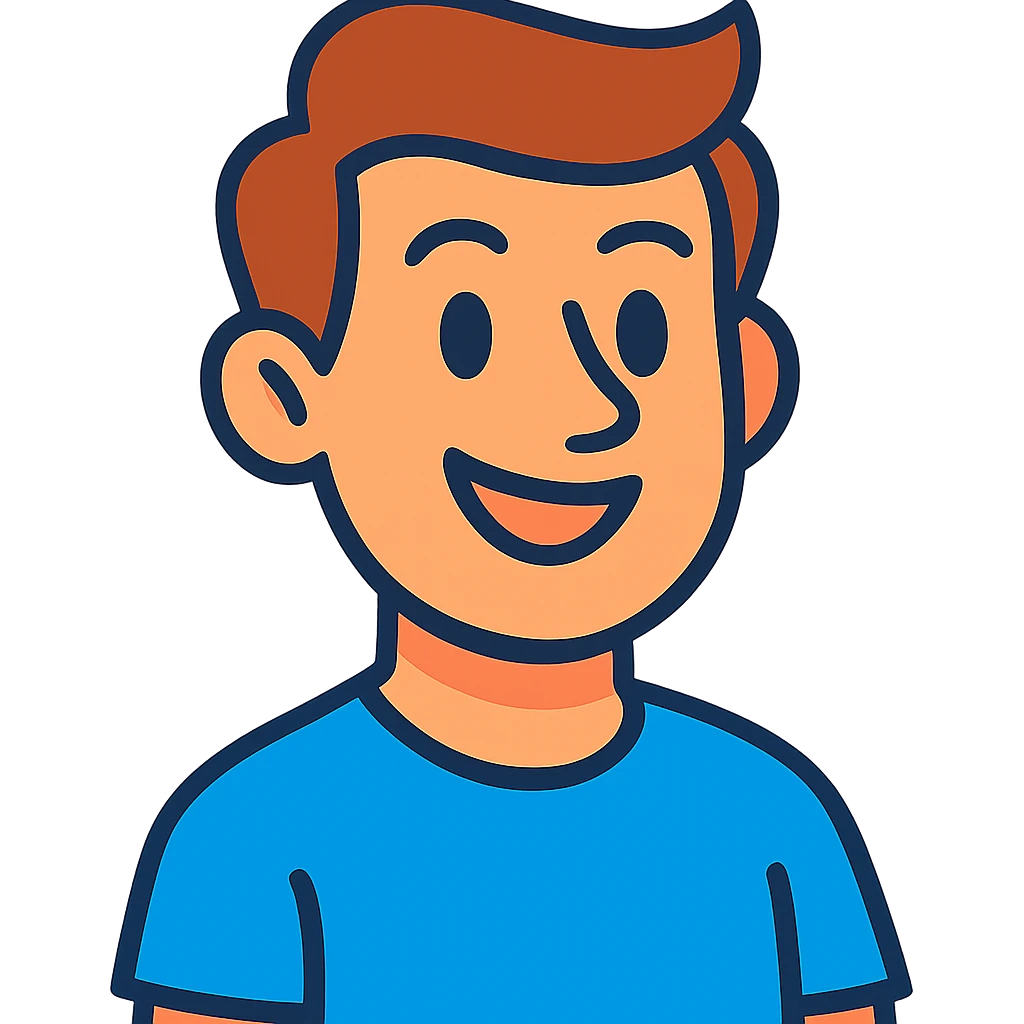 brown-haired man without beard or mustache, friendly face, cartoon vibrant style emoji