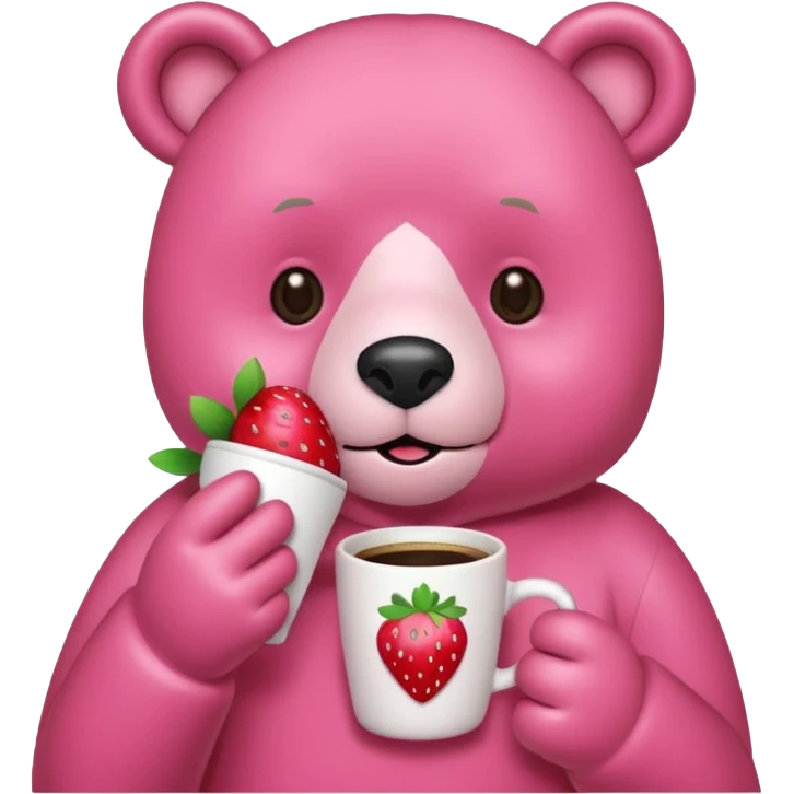 A pink bear is holding a strawberry and drinking coffee with a transparent background in a teenager hand-drawn style. emoji