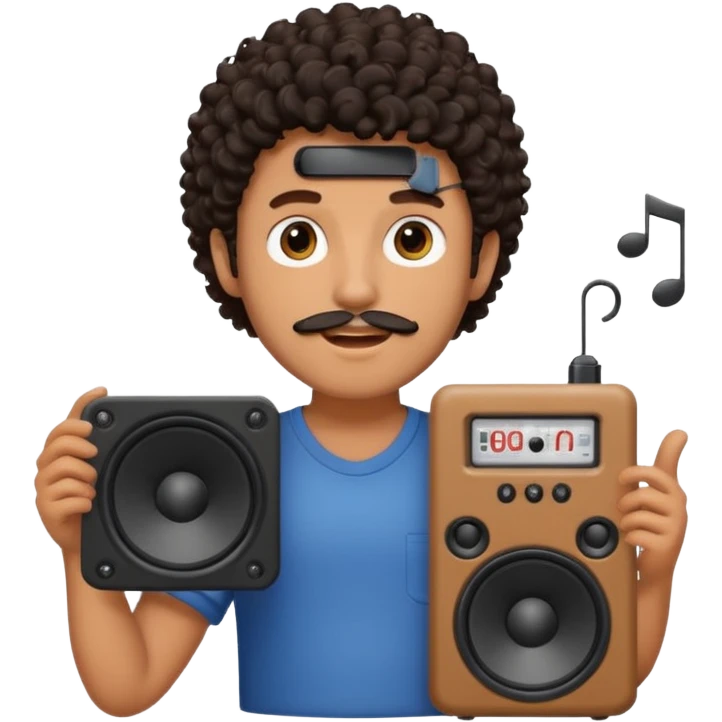 Boy with tanned skin, dark curly hair, a bit of a beard, and a music speaker in his hand. emoji