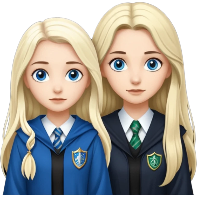 a pretty ravenclaw girl with long dark brown hair and blue eyes standing with a pretty Slytherin girl with long blonde hair, blue eyes emoji