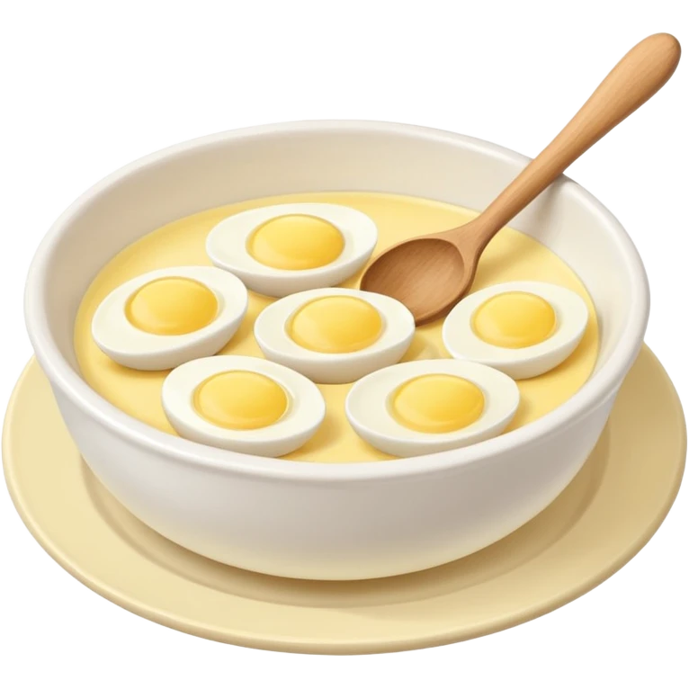 a dozen eggs, a ceramic mixing bowl with a wooden spoon and a plate of butter emoji