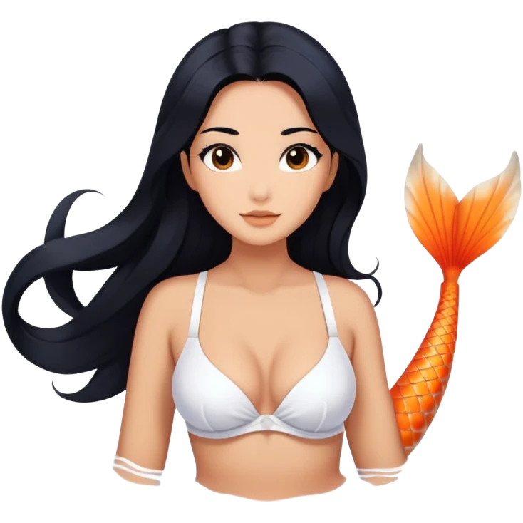 mermaid, long black hair tanned woman, koi fish tail, white shell bra emoji