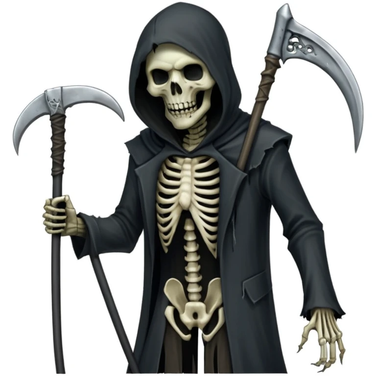 terrifying Grim Reaper with half-skeleton half-zombie face (no slime), holding a single scythe in left hand, creative subtle integration of 100 dollar bills, white background, dark and ominous atmosphere, designed for profile picture emoji