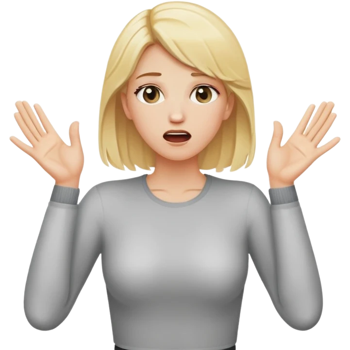 blonde woman standing straight up with her two hands up chocking herself emoji