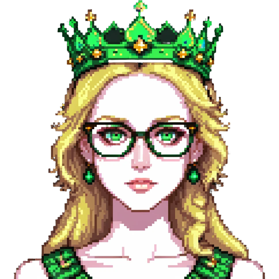 beautiful princess with blonde hair, striking green eyes, wearing glasses and a crown emoji