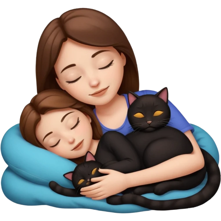 white girl with brown hair sleeping cuddling two black cats emoji style emoji